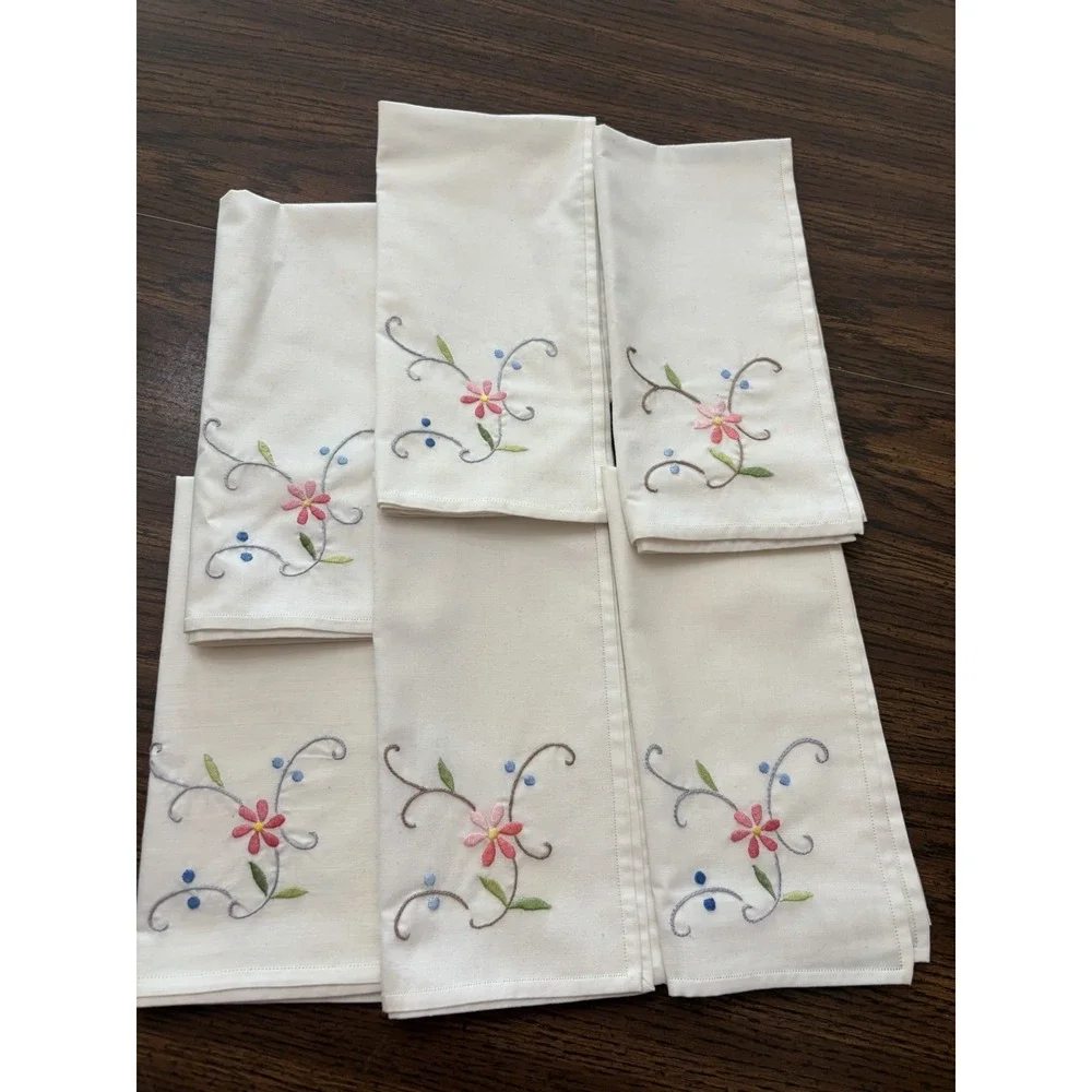 Vintage Embroidered Linen Napkins Set of 6 Floral Pink Blue Hemstitched 16x16